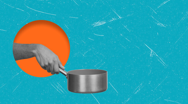 Art collage featuring a hand holding a pot with a bright background