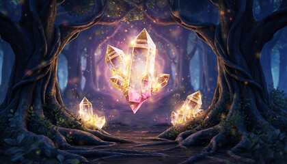 Fototapeta premium Magical glowing crystal floating in a dark enchanted forest with sparkling light and old tree roots, fantasy concept art