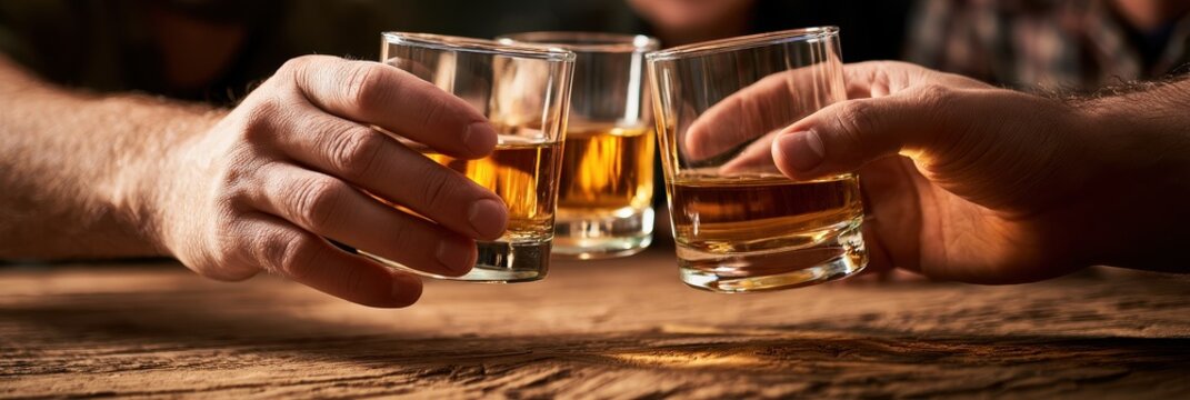 Friends Toasting Whiskey Glasses with Amber Liquor on a Rustic Wooden Table, Celebrating a Social Gathering