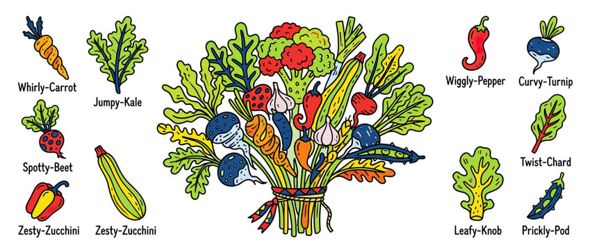 Whimsical Vegetable Bouquet with Hand-Drawn Style