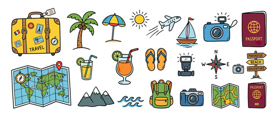 Naklejka premium Hand-drawn travel icons collection isolated on transparent background