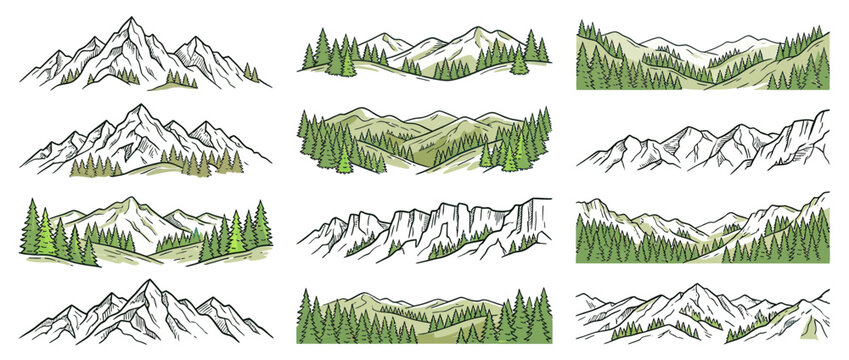 Hand-drawn Mountain Range Collection, Isolated Graphic Elements