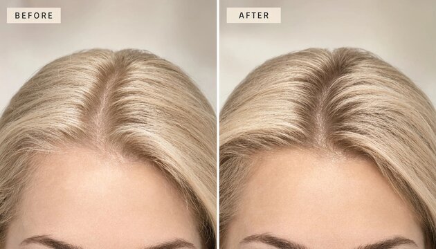 Comparison of a woman scalp before and after hair root treatment and thickening product application