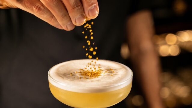 Cocktail with bee pollen eye level perspective with warm golden light and contemporary styling art