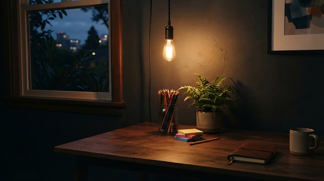 Moody home office desk with glowing light bulb, dark workspace interior with wooden table, cozy study room at night with plant and notebook