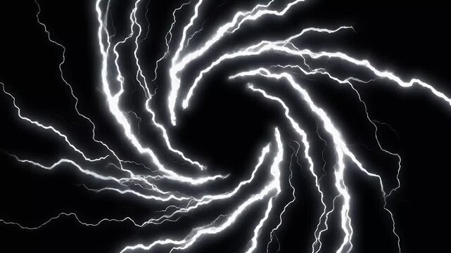 Bright white lightning bolts swirl in a spiral pattern against a deep black background.