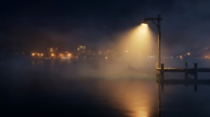 Fototapeta premium Atmospheric wooden pier at night with glowing lantern, misty lake landscape under street light, moody foggy harbor scene with warm light reflections
