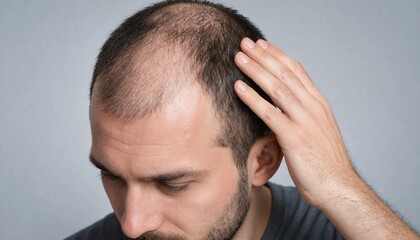 Fototapeta premium A close up portrait of a middle aged man checking his receding hairline and thinning hair