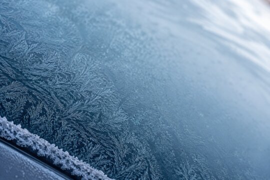 Macro shot of intricate ice crystals and frost patterns forming on a cold glass surface during winter. Beautiful natural frozen texture perfect for seasonal backgrounds and chilly weather concepts.