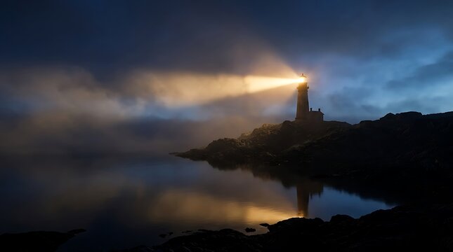 Atmospheric lighthouse at night with glowing light beam, coastal beacon tower in misty fog, dramatic maritime landscape with water reflection