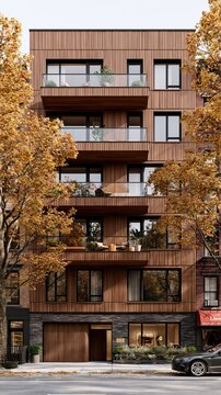 Wood clad apartment building with glass balconies and autumn trees