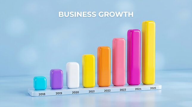 Colorful 3d bar chart showing business growth with increasing vertical columns on a soft light blue background