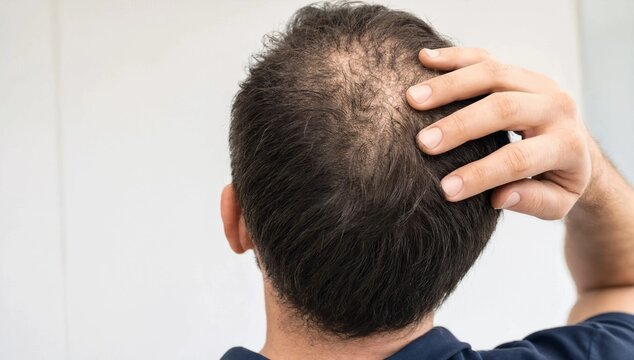 Back view of a man touching his head showing thinning hair loss and balding scalp