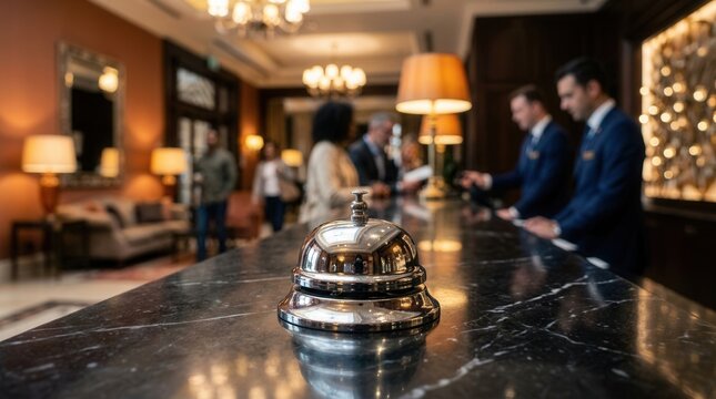 Hotel reception desk with bell where uniformed staff provide pro hospitality service for guest check in.