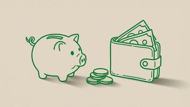 Green line art animation of a piggy bank and wallet with cash coins