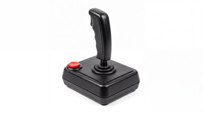 Retro vintage gaming controller featuring classic black plastic base with single red button on white background