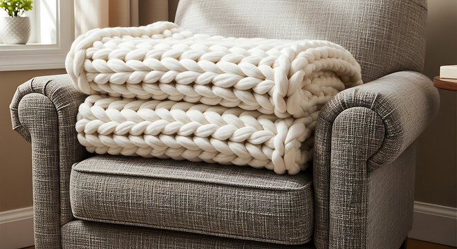 Cozy chunky knit throw on gray armchair with soft fabric texture mockup, blank spaces for text