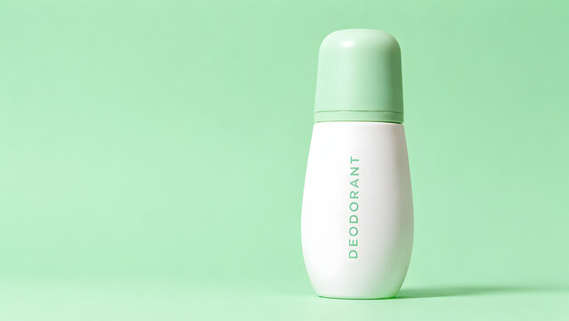 Minimalist white rollon deodorant bottle with a light green cap, centered against a solid soft green background, studio shot for skincare branding
