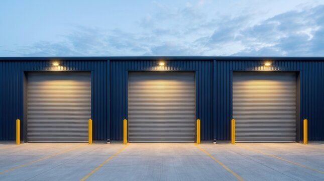 Exterior view of a distribution center building with three closed industrial loading docks.