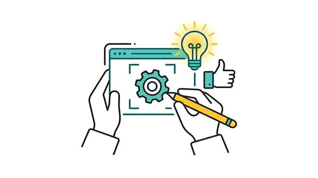 Animated vector illustration of hands holding tablet and pencil editing software interface with gear icon and glowing lightbulb