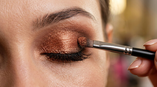 Woman applying shiny copper glitter eyeshadow with a small makeup brush on her eyelid for a glamorous party look