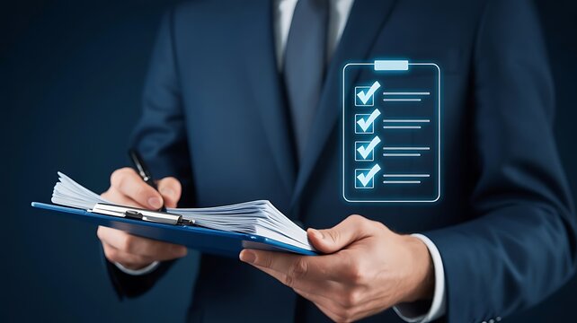 Businessman in a formal suit holding a clipboard with a digital holographic checklist showing four green check marks in a office setting