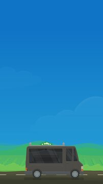 Animated hearse driving on road carrying a coffin, representing funeral services, bereavement, mourning, and final journey. (loopable,vertical)