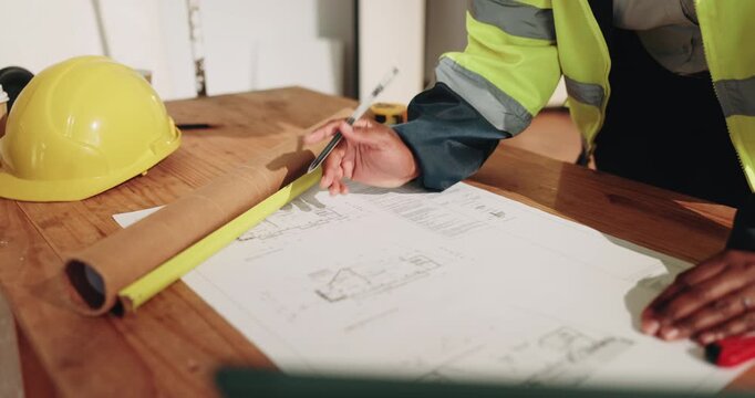 Hands, engineer and reading with blueprint for construction, sketch and structure for architecture. Person, writing and draft at site with document, floor plan and property layout for building design
