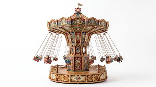 Miniature vintage chain swing carousel ride with ornate painted details and bright gold accents on white background