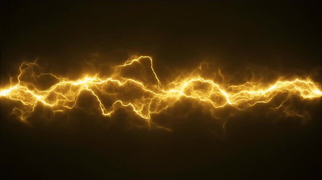 Bright golden lightning bolts streak horizontally across a dark, nebulous background.