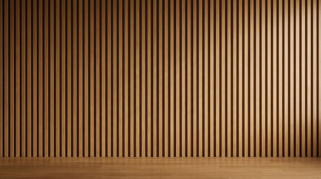 A rustic, natural material background for interior design with vertical brown wooden slats and seamless striped patterns.