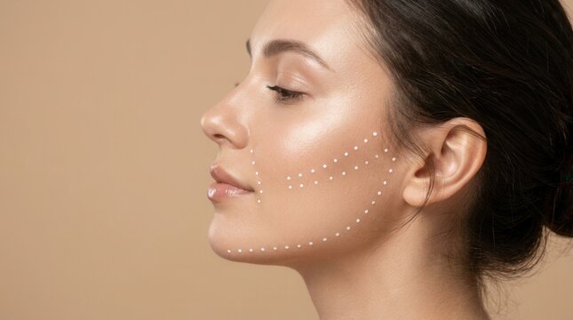 Beauty model achieves face sculpting and a firm jawline through a skin rejuvenation facial treatment.