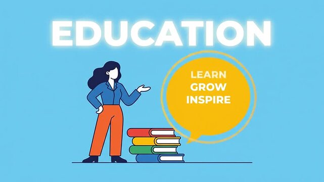 Education concept animation with woman standing next to a stack of books