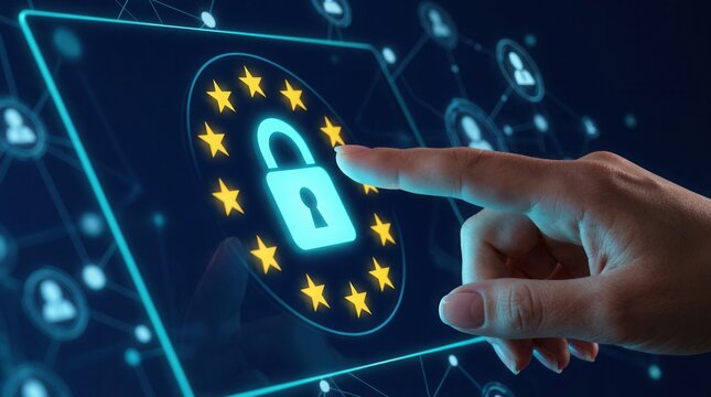 Digital screen showing EU flag stars and padlock icon as a hand interacts with cyber security data privacy graphics.