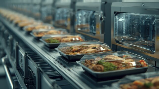 Prepackaged meals on a conveyor belt in an automated food processing or packaging facility.