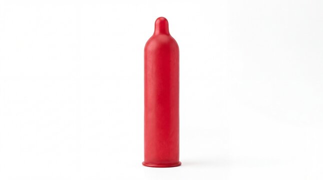 Bright red latex condom standing upright for safe sex protection displayed isolated on white background