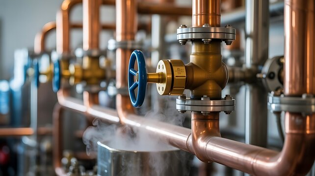 Industrial copper pipe system with blue valves and steam in a manufacturing plant or brewery with metallic pipes and mechanical connections