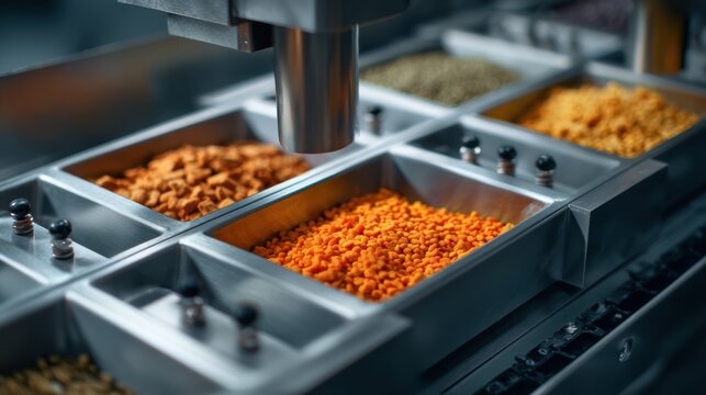 Close-up of an automated food processing machine sorting and dispensing various nuts and grains.