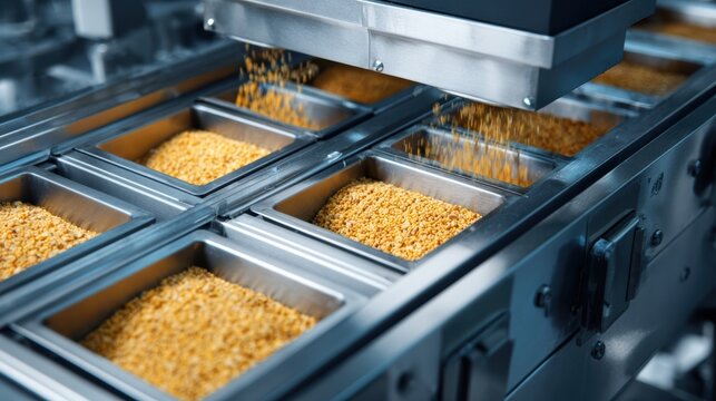 Automated food processing machine sorting and dispensing grains into multiple containers in a factory setting.