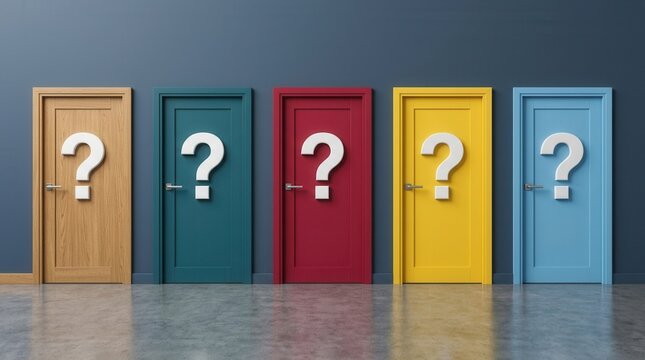 Various colored doors with white question marks symbolizing uncertainty, doubt, and the need for a selection strategy when facing multiple paths.