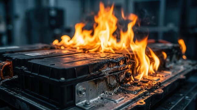Fire safety test of an electric car battery showing thermal runaway hazard as lithium ion cells ignite.
