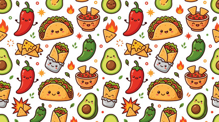 Obraz premium Cute Kawaii Mexican Food Pattern Isolated