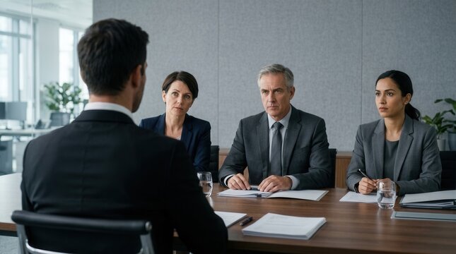 Job selection process featuring a man in a suit facing a serious three-person interview panel.