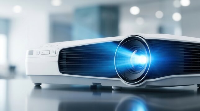 A modern video projector sits on a reflective surface indoors, casting a bright blue light beam for a presentation.