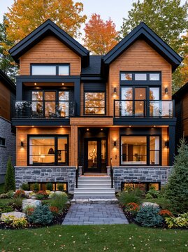 Wood clad duplex house exterior with twin gables and front garden