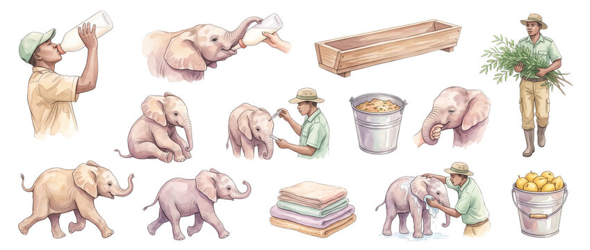 Baby elephant care sanctuary set featuring wildlife ranger feeding bottle milk, washing calf, health check, bucket, trough, towels, and foliage illustrations isolated on black background watercolor.