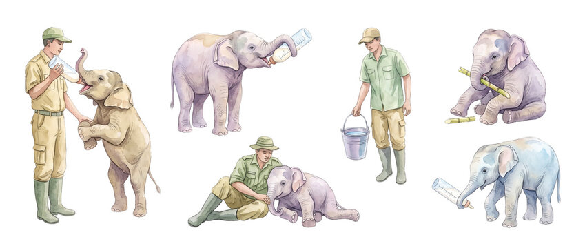 Baby Elephant Caretakers Feeding Set with Zookeepers Giving Milk Bottles, Carrying Water Buckets, Chewing Bamboo, and Petting Cute Calves Illustration Isolated on Black for Wildlife Rescue Concepts
