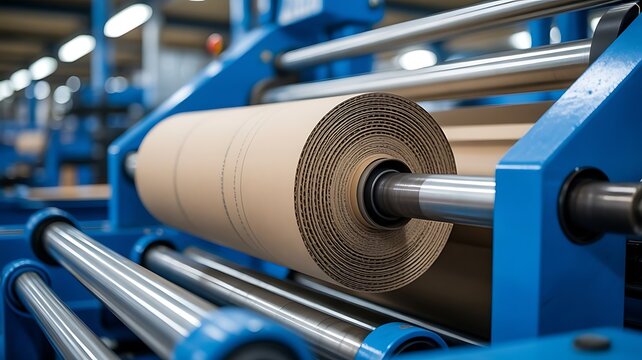 Large roll of brown corrugated cardboard being processed on a heavy industrial machine in a paper manufacturing factory with blue metal rollers
