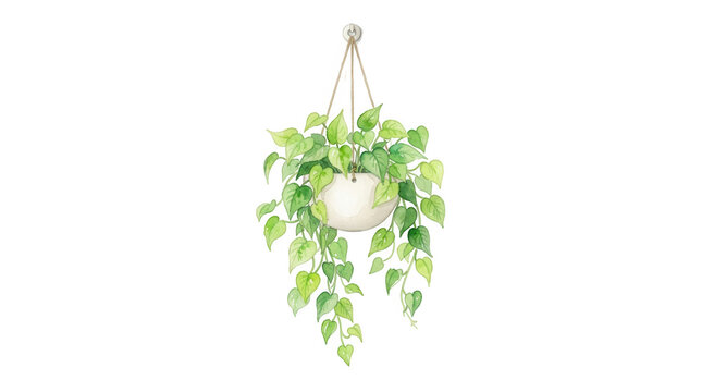 Watercolor illustration of a hanging pothos plant isolated on transparent background