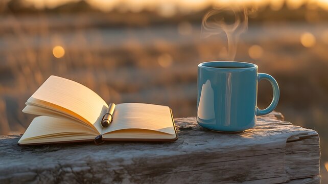Open notebook with pen and steaming blue coffee mug on rustic wooden surface at sunset for creative writing and morning inspiration concepts